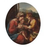 FOLLOWER OF CORREGGIO THE VIRGIN AND CHILD WITH ST ANNE oil on canvas, oval, 28 x 23cm++Lined with