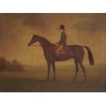 BRITISH SCHOOL EQUESTRIAN PORTRAIT OF A GENTLEMAN ON A CHESTNUT STALLION oil on canvas, 34 x 44cm