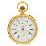 A SWISS 18CT GOLD KEYLESS LEVER CENTRE SECONDS CHRONOGRAPH WATCH SUPPLIED BY DENT, LONDON with