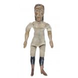 FOLK ART. AN UNUSUAL CARVED AND PAINTED PINE DOLL, SECOND HALF 19TH C with waisted, padded body, the