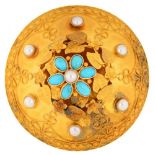 A RARE BRITISH NORTH AMERICAN TURQUOISE, PEARL AND GOLD BROOCH BY JULIUS CORNELIUS, NOVA SCOTIA,