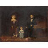 ENGLISH NAIVE ARTIST, MID 19TH CENTURY PORTRAIT OF A FAMILY OF THREE IN AN INTERIOR oil on canvas,