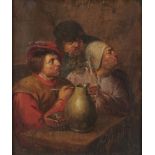 FOLLOWER OF ADRIAEN BROUWER THREE PEASANTS WITH A JUG OF ALE oil on oak panel, 21 x 17.5cm ++