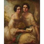 FOLLOWER OF GEORGE BAXTER DOUBLE PORTRAIT OF SISTERS seated half length by a tree with an open book,