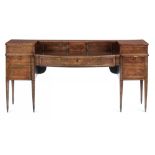 A GEORGE IV BOW CENTRED MAHOGANY AND EBONY LINE INLAID SIDEBOARD, PROBABLY SCOTTISH, C1825 with