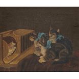ENGLISH NAIVE ARTIST, 1909 THREE TABBY KITTENS WATCHING MICE IN A CAGE signed W Redgate Nottm and