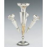 A GEORGE V SILVER FLOWER STAND of fluted trumpet vases, the three smaller detachable, 40cm, h, by