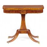 A MAHOGANY, TULIPWOOD AND LINE INLAID CARD TABLE, 20TH C on brass paw castors, 78cm h; 45 x 89cm++In