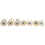 A SAPPHIRE AND MOTHER OF PEARL DRESS SET comprising cufflinks and three buttons, in gold marked