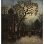 WALTER LINSLEY MEEGAN (1859-1944) A WINTRY WALK BY MOONLIGHT oil on canvas, 20 x 20cm++Restored