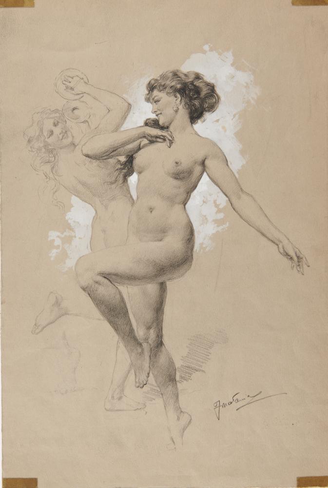 o†FORTUNINO MATANIA (1881-1963) NUDE CYMBAL DANCERS - AN ILLUSTRATION signed, pencil and white on