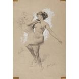 o†FORTUNINO MATANIA (1881-1963) NUDE CYMBAL DANCERS - AN ILLUSTRATION signed, pencil and white on