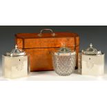 A PAIR OF GEORGE III SILVER TEA CADDIES AND SILVER MOUNTED CUT GLASS SUGAR BOWL the tea caddies with