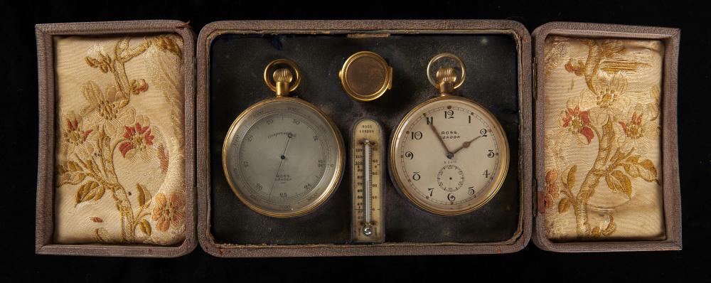 A GILTMETAL DESK TIMEPIECE COMPENDIUM, ROSS LONDON, EARLY 20TH C comprising watch type keyless lever
