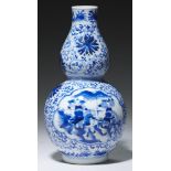 A CHINESE BLUE AND WHITE DOUBLE GOURD VASE, QING DYNASTY, 19TH C 20cm h, Kangxi mark++Good