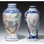 TWO CHINESE EXPORT PORCELAIN FAMILLE ROSE VASES, C1770 enamelled with scenes between underglaze blue