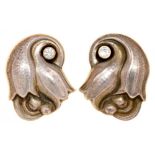 GEORG JENSEN. A PAIR OF DANISH SILVER 'TULIP' EAR CLIPS, DESIGN 100A with diamond collet, 2cm,