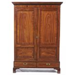 A VICTORIAN MAHOGANY AND LINE INLAID WARDROBE, LATE 19TH C with dentil cornice enclosed by twin