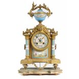 A FRENCH ORMOLU AND SEVRES STYLE PORCELAIN MOUNTED MANTLE CLOCK, LATE 19TH C the pillared case