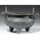 A CHINESE BRONZE DRAGON HANDLED TRIPOD CENSER QING DYNASTY, 19TH C traces of gilding, 17.5cm h,