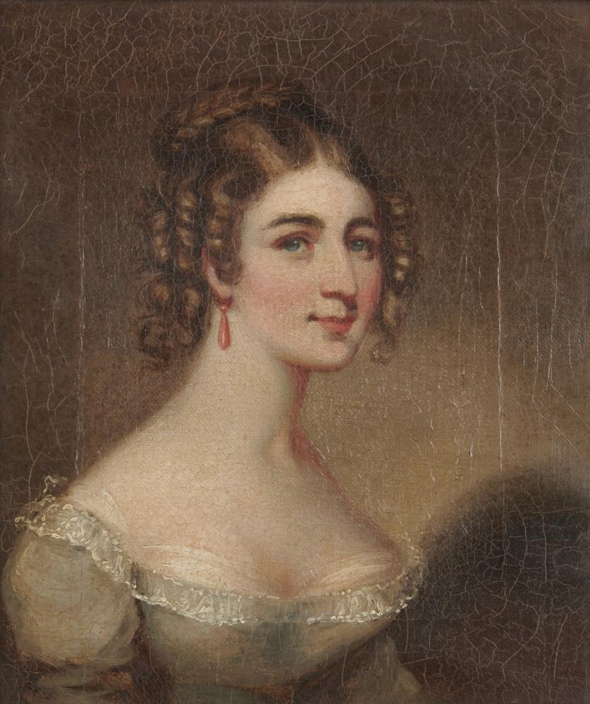 ENGLISH SCHOOL, EARLY 19TH CENTURY PORTRAIT OF A YOUNG WOMAN in dove grey dress and coral