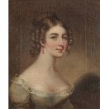 ENGLISH SCHOOL, EARLY 19TH CENTURY PORTRAIT OF A YOUNG WOMAN in dove grey dress and coral