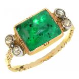 A GEORGIAN EMERALD AND ROSE CUT DIAMOND RING, 18TH C the foiled, domed rectangular emerald approx