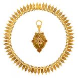 A VICTORIAN RUBY, SPLIT PEARL AND GOLD LOCKET AND CONTEMPORARY GOLD NECKLACE, C1890 51cm l, marked