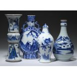 A CHINESE BLUE AND WHITE MOON VASE, TWO OTHERS AND A GUGLET, QING DYNASTY, 19TH C the beaker vase