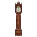 AN ENGLISH INLAID MAHOGANY AND PENWORK DECORATED MONTH DURATION LONGCASE CLOCK THE CASE GEORGE