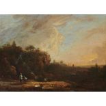 FOLLOWER OF RICHARD WILSON LANDSCAPE WITH FIGURES oil on canvas, 23.5 x 32.5cm++Old restoration/over