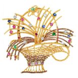 A MULTI GEM SET GOLD WIREWORK GIARDINETTO BROOCH, C1960 of diamonds, sapphires, rubies and emeralds,