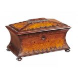 A VICTORIAN ROSEWOOD AND BURR MAPLE TEA CHEST, C1850 the interior in matching veneers and canisters,