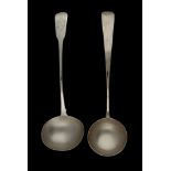 TWO GEORGE III AND GEORGE IV SILVER SOUP LADLES, ONE SCOTTISH Old English and Fiddle patterns