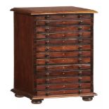 A VICTORIAN ROSEWOOD AND MAHOGANY MICROSCOPE SLIDE CABINET, 19TH C the 13 drawers containing a