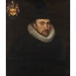 ENGLISH SCHOOL, 17TH CENTURY PORTRAIT OF A GENTLEMAN bust length in ruff and black hat, charged with