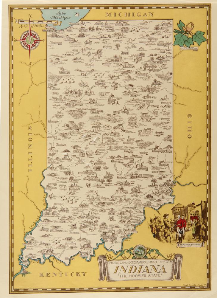 KARL SMITH AN HISTORICAL AND GEOGRAPHICAL MAP OF THE STATE OF INDIANA "THE HOOSIER STATE", JULY 1934