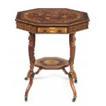 A VICTORIAN OCTAGONAL SPECIMEN WOOD, CARVED WALNUT AND EBONISED OCCASIONAL TABLE BY JOHN BURN HESLOP