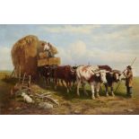 FOLLOWER OF RICHARD ANSDELL LOADING A BULLOCK CART WITH HAY indistinctly signed, oil on canvas, 49.5
