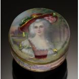 A FRENCH ENAMEL BOX AND COVER, C1900 painted with the head of a young woman in a continuous