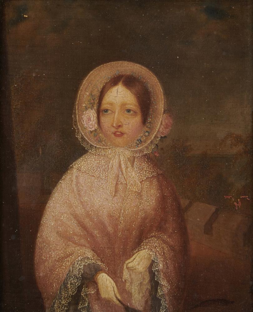 ENGLISH SCHOOL, 19TH CENTURY PORTRAIT OF A YOUNG GIRL in lace trimmed pink dress, poke bonnet and