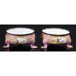 A PAIR OF 18TH CENTURY ENGLISH STYLE ENAMEL SALT CELLARS, FRENCH, LATE 19TH C painted with panels of