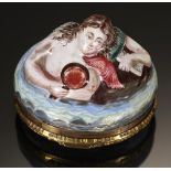AN ENAMEL MERMAID BONBONNIERE, 19TH C the lid painted with a naval engagement, 6cm l++Old