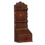 A GEORGE III INLAID FRUITWOOD WALL HANGING CANDLE BOX AND SPOON RACK, EARLY 19TH C with sloping lid,