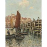 FOLLOWER OF STANHOPE ALEXANDER FORBES BOATS AT A JETTY bears signature, oil on board, 55 x 44cm++