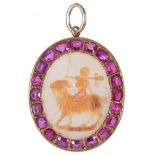 A CHALCEDONY CAMEO OF A FAUN ON A GOAT, 18TH/19TH C set in a later gold pendant with ruby