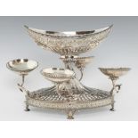 A GEORGE III NEO CLASSICAL SILVER EPERGNE of fluted oval form, pierced and chased with anthemia,