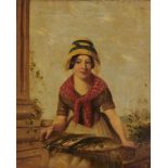 ENGLISH SCHOOL, MID 19TH CENTURY A GIRL CARRYING A TRAY OF FISH oil on canvas, 24 x 20cm, unframed