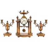 A FRENCH ORMOLU MOUNTED SIENNA MARBLE GARNITURE DE CHEMINEE, LATE 19TH C the colonnade clock with