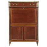 A FRENCH GILT BRASS MOUNTED MAHOGANY SECRETAIRE A ABATTANT , 19TH C with grey marble top, the plum